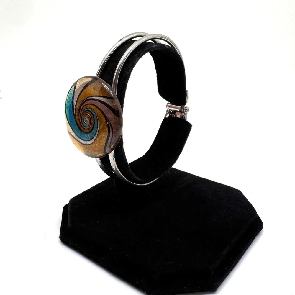 Vintage Dichroic Art Glass Silvertone Hinged Bangle Clamper Bracelet